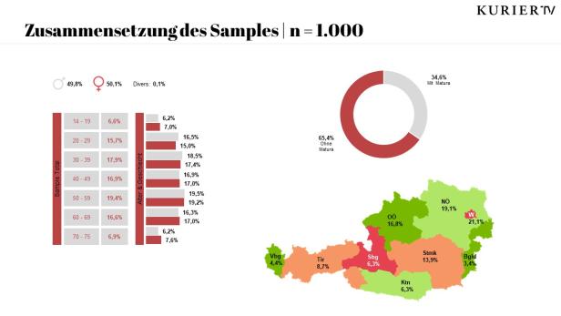Eine Grafik zeigt die Zusammensetzung eines Samples von 1.000 Personen nach Alter, Geschlecht und Bildungsstand in Österreich.