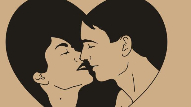 Ein Paar küsst sich, dargestellt in einer Herzform.