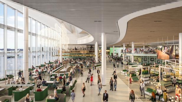 Innenansicht des Flughafens Wien mit Restaurants und wartenden Passagieren.