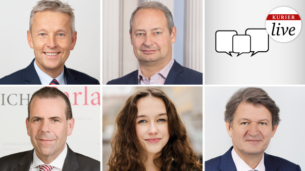 Sechs Porträts von Personen und ein „Kurier Live“-Logo.