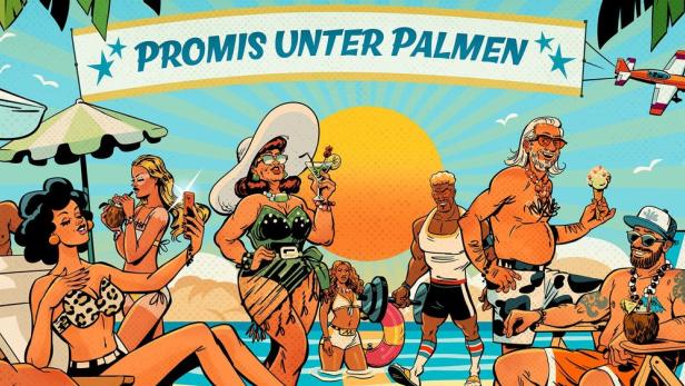 „Promis unter Palmen“: Comicartige Personen schlürfen Cocktails am Strand.