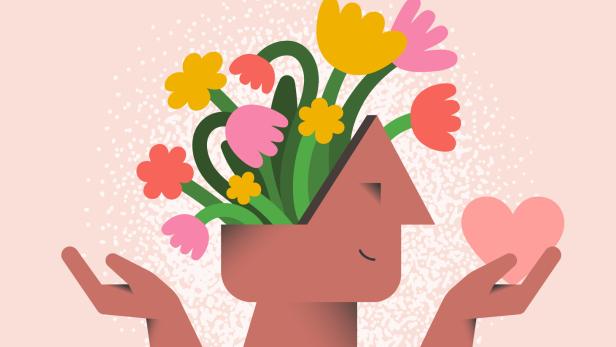 Das Bild zeigt eine Illustration, wo aus einem Kopf Blumen sprießen und die illustrierte Person ein Herz in dre Hand hält: Die Zusammenhänge zwischen Herz und Psyche sind enger als vielen bewusst ist