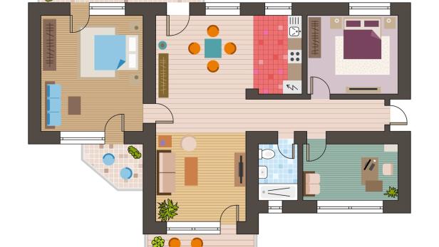 Grundriss einer Wohnung mit Wohnraum, zwei Schlafzimmern, Bad, Küche und Balkon.