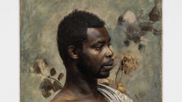 Ein Gemälde im Profil eines Mannes mit dunkler Haut und einem Tuch über der Schulter.