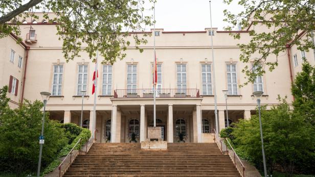 Breite Steintreppe führt zu einem hellen Gebäude mit hohen Fenstern, flankiert von Bäumen und Fahnenmasten.