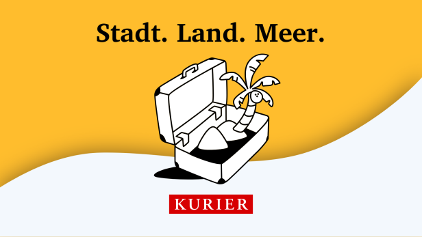 Aus einem stilisierten Koffer wächst eine tropische Szene mit Palmen; darüber steht „Stadt. Land. Meer.“.
