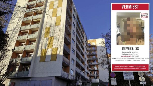 Mehrere Hochhäuser, daneben Vermisstenanzeige