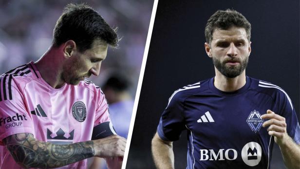 Lionel Messi im pinken Trikot von Inter Miami und Thomas Müller im dunkelblauen Trikot der Vancouver Whitecaps