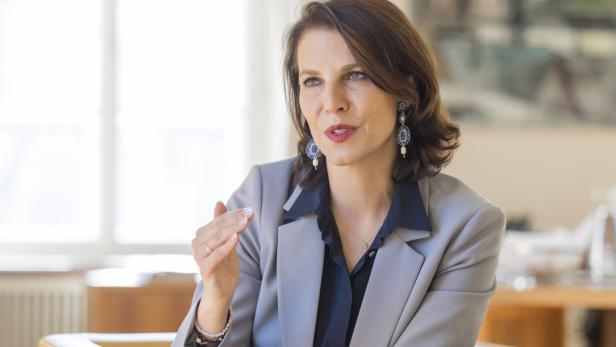 Eine Frau mit Ohrringen und grauem Blazer gestikuliert. Es ist Salzburgs Landeshauptfrau Edtstadler.