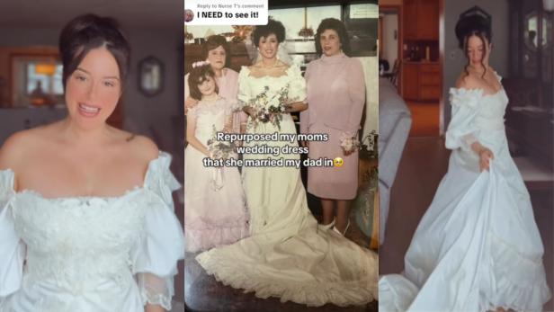 Crista Dettelis trägt das Brautkleid ihrer Mutter, daneben ist ein Originalfoto ihrer Mutter mit dem Kleid