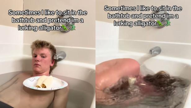 Ein junger Mann liegt in einer Badewanne mit einem Teller Burritos auf der Brust und taucht dann ab, um einen Alligator-Angriff nachzuahmen.