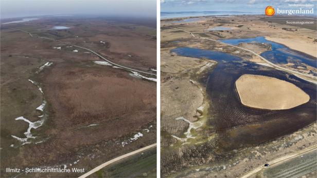 Zwei Luftaufnahmen einer Landschaft mit Feldern, Wegen und Wasserflächen, links im Winter, rechts nach einer Überschwemmung.