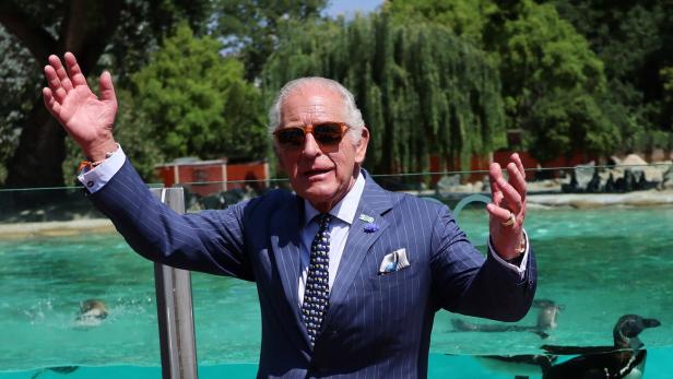 König Charles III. winkt in einem gestreiften Anzug und mit Sonnenbrille vor einem Pinguinbecken.
