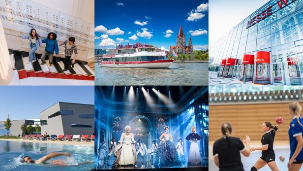 Sechs Fotos in Collage: Drei Personen sitzen auf roten und weißen Stufen vor einer Wand mit Plänen, ein Ausflugsschiff auf einem Fluss vor einer Kirche, ein modernes Glasgebäude mit rotem Schriftzug 'MESSE WIEN', eine Schwimmerin im Außenbecken, eine Theaterbühne mit Tänzern in Kostümen, drei Frauen spielen Handball in einer Halle.