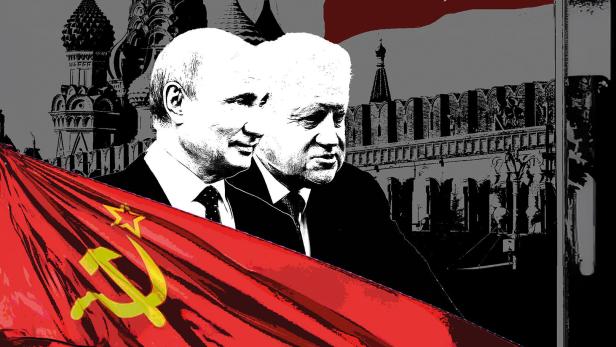Wladimir Putin und Sergei Mironow stehen vor einer Sowjetflagge, dahinter der Kreml.