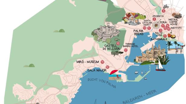 Karte von Palma de Mallorca mit markierten Orten, Küste, Hafen, Kathedrale und Sehenswürdigkeiten.
