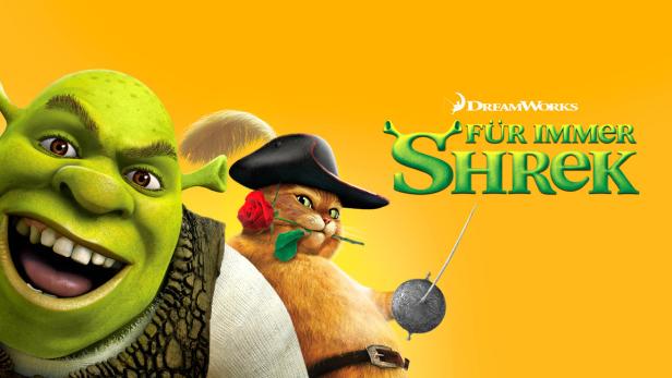 Shrek und der Gestiefelte Kater vor einem gelben Hintergrund mit dem DreamWorks-Logo und dem Schriftzug „Für immer Shrek“.