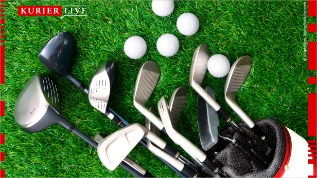 man sieht eine Golftasche, Golfschläger und Golfbäller, die auf dem Rasen liegen