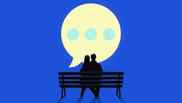 Couple looking at the moon in a shape of text bubble
