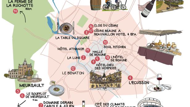 Karte der Burgund-Route mit Weingütern, Restaurants und Sehenswürdigkeiten rund um Beaune und Meursault.