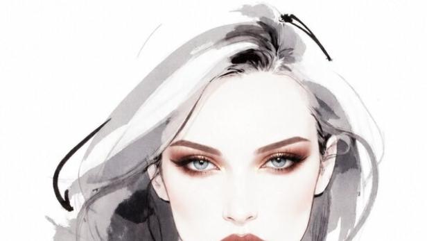 Aquarellporträt einer Frau mit hellem Haar und markantem Make-up auf weißem Hintergrund.