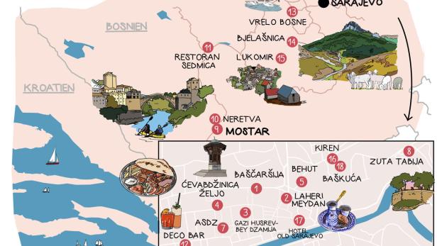 Illustrierte Reisekarte von Bosnien und Sarajevo mit Sehenswürdigkeiten wie Mostar, Baščaršija und Vrelo Bosne.