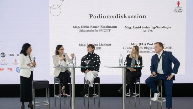 Fünf Personen diskutieren auf einem Podium bei einer Veranstaltung, eine Frau spricht ins Mikrofon.