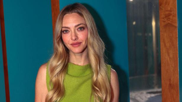 Amanda Seyfried trägt einen grünen ärmellosen Pullover und einen braunen Lederrock vor einer türkis-braunen Kulisse.