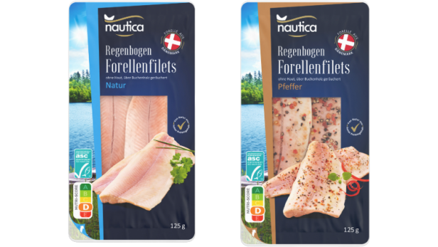 Zwei Packungen nautica-Regenbogen-Forellenfilets mit den Sorten Natur und Pfeffer stehen nebeneinander.