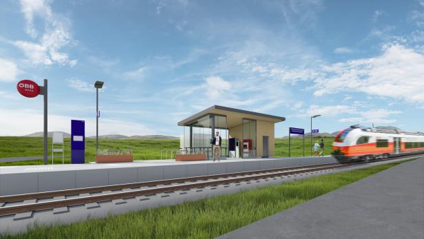 Eine modern gestaltete ÖBB-Haltestelle mit Wartehäuschen und einem vorbeifahrenden Zug in ländlicher Umgebung.