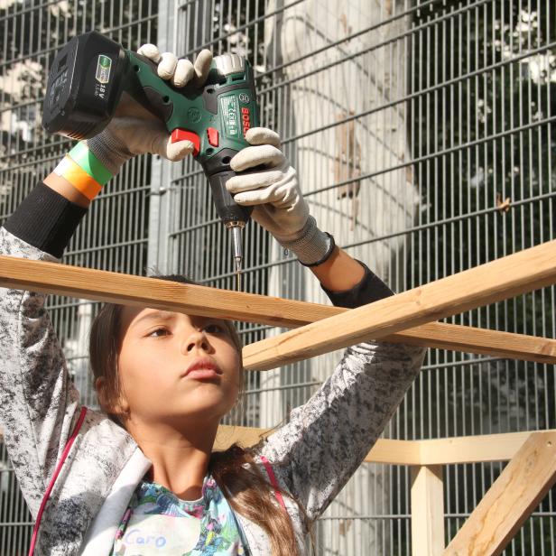 Caro, die 12-jährige „Checkerin“, beim Hausbau.