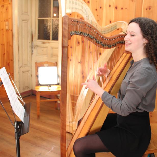 Eine Frau mit lockigem Haar spielt auf einer Harfe.