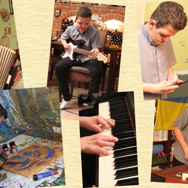 Collage zeigt einen jungen Mann, der Akkordeon, Gitarre und Klavier spielt, malt, auf sein Handy schaut und Tischfußball spielt.