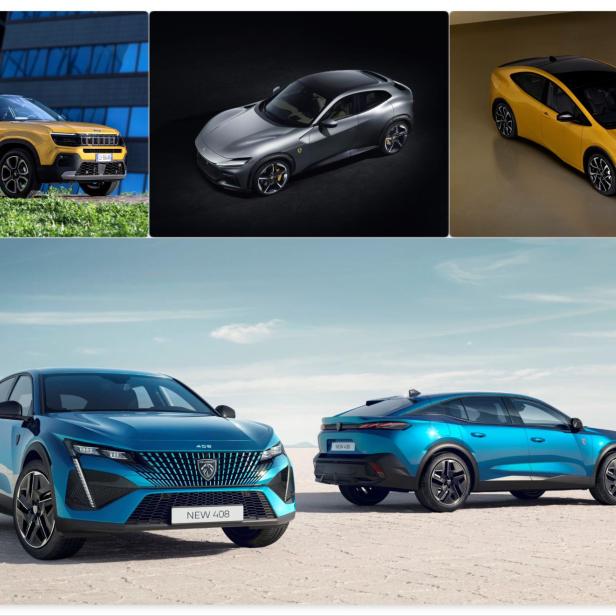 Collage verschiedener Automodelle, darunter Jeep Avenger, Ferrari Purosangue, Toyota Prius und Peugeot 408.