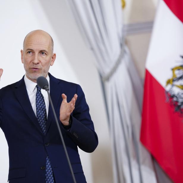 Ein Mann in einem Anzug gestikuliert vor einer österreichischen Flagge.